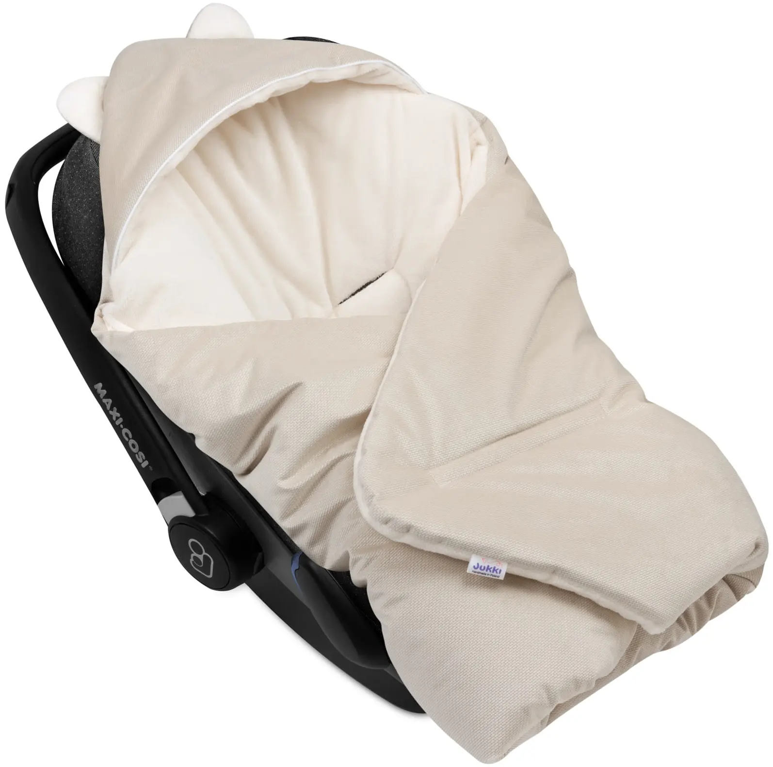 Couverture à Capuche Avec Oreilles Pour Siège De Voiture – Peluche écru & Velours écru