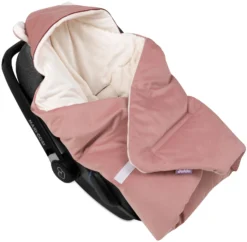 Couverture à Capuche Avec Oreilles Pour Siège De Voiture – Peluche écru Et Velours Rose Indien