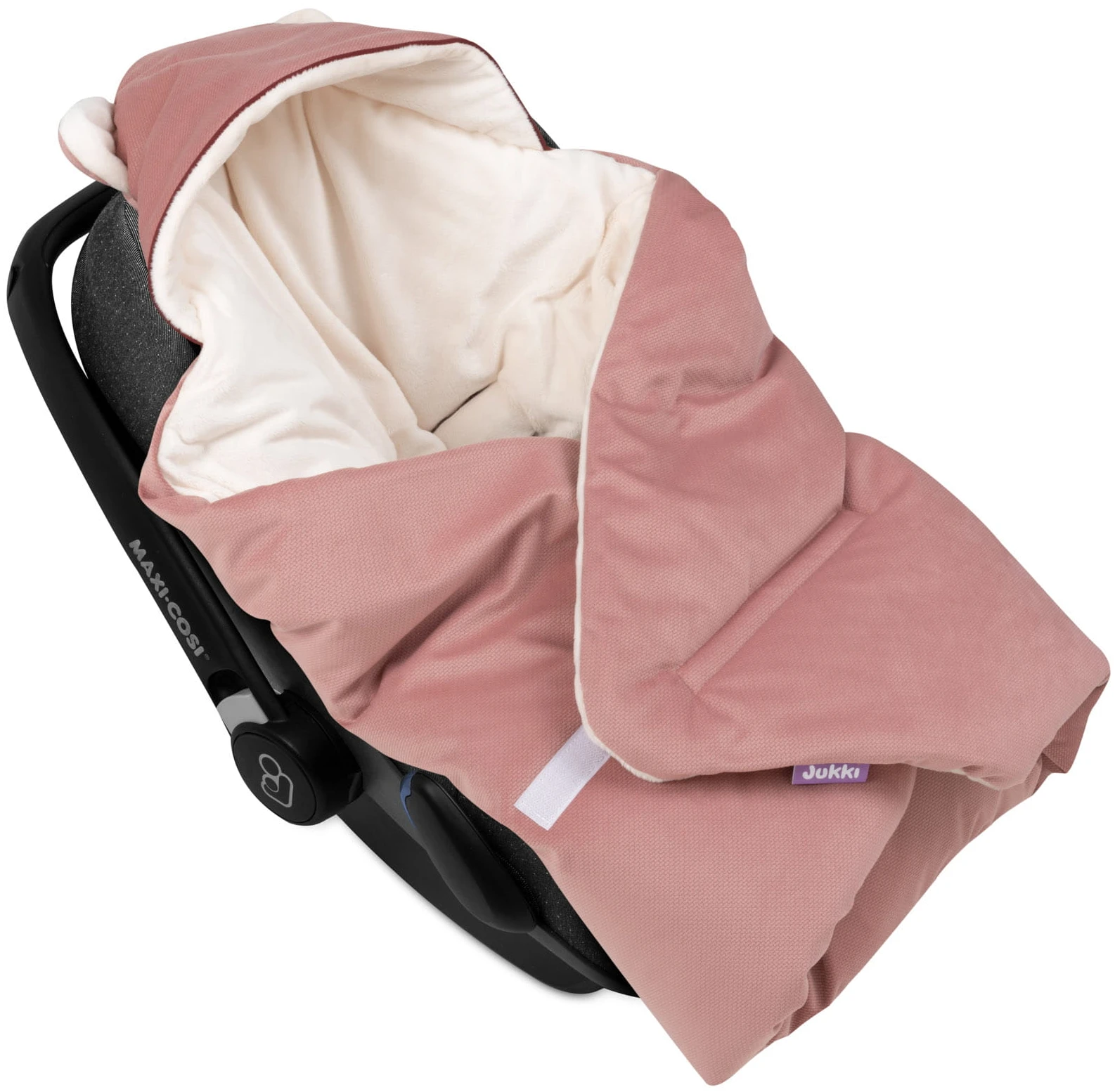 Couverture à Capuche Avec Oreilles Pour Siège De Voiture – Peluche écru Et Velours Rose Indien