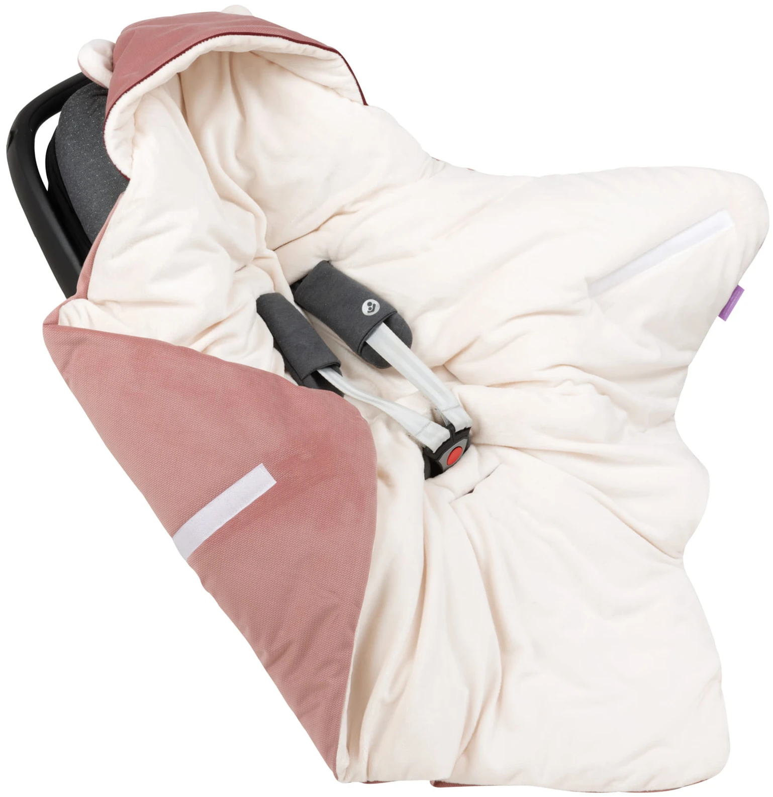 Couverture à Capuche Avec Oreilles Pour Siège De Voiture – Peluche écru Et Velours Rose Indien – Image 2