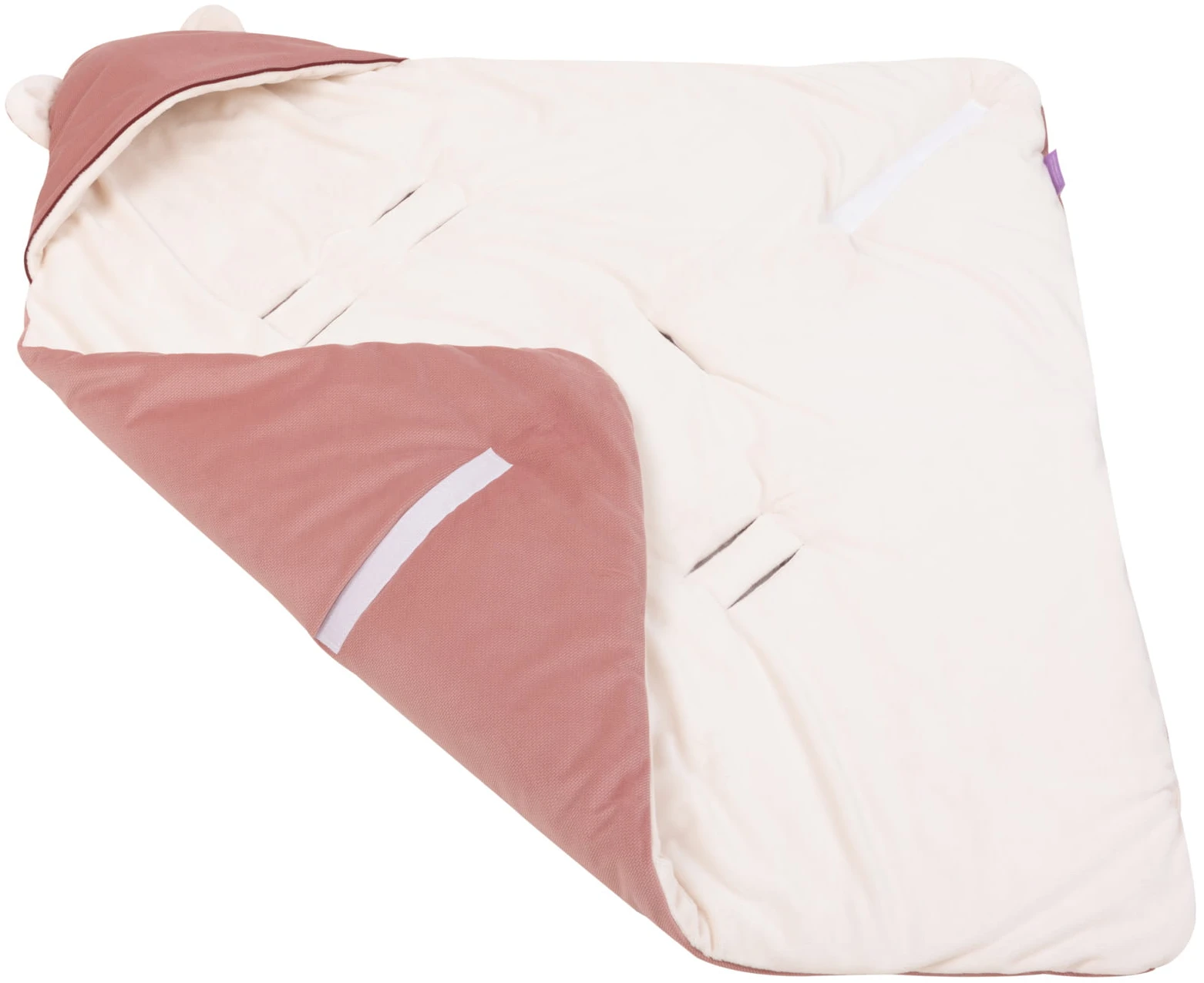 Couverture à Capuche Avec Oreilles Pour Siège De Voiture – Peluche écru Et Velours Rose Indien – Image 3