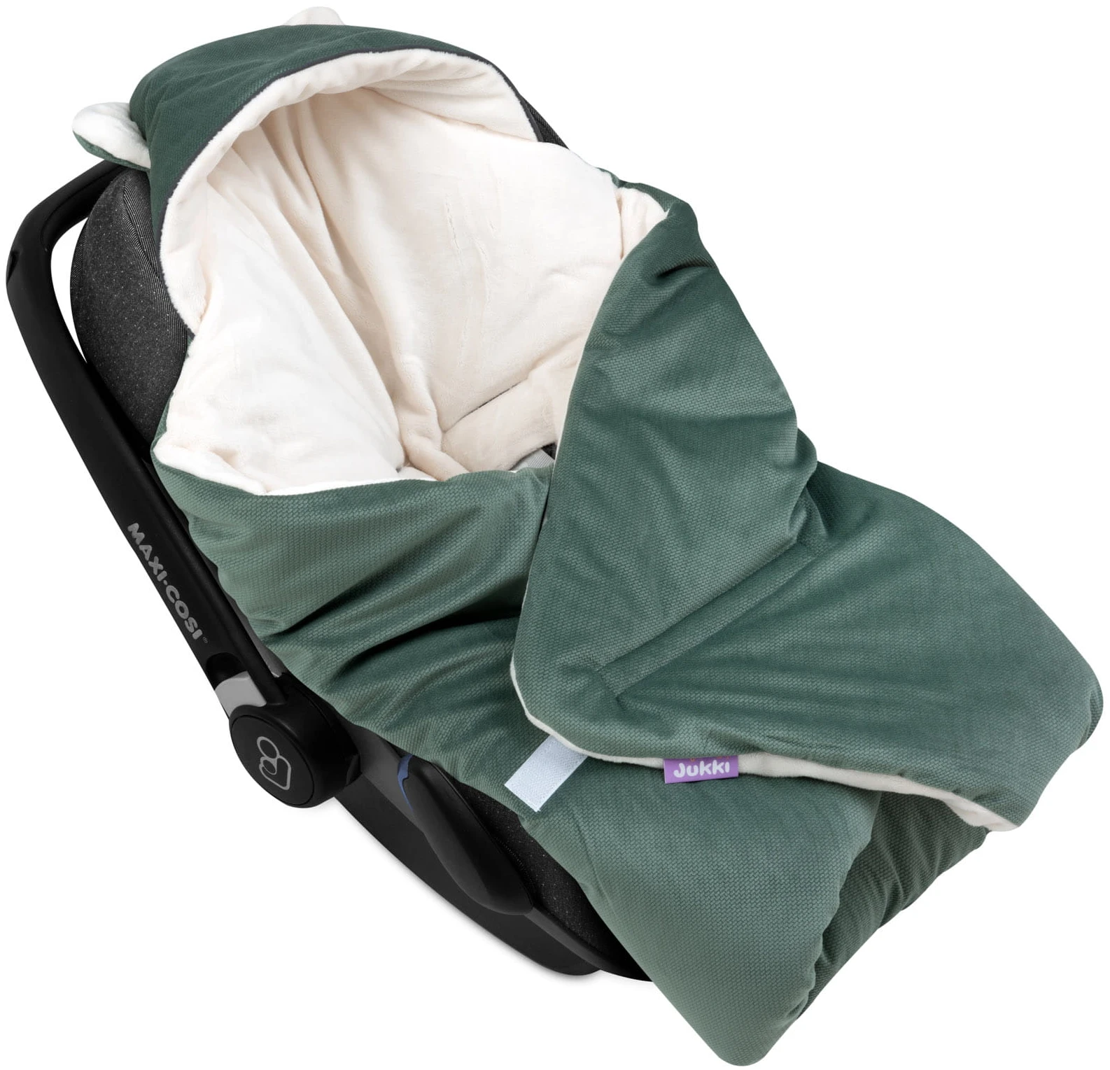 Couverture à Capuche Avec Oreilles Pour Siège De Voiture – Peluche écru Et Velours Olive