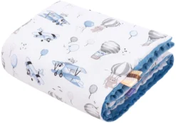 Voyage En Ballon Bleu & Denim Minky Poudré Couverture De Bébé 75x100cm